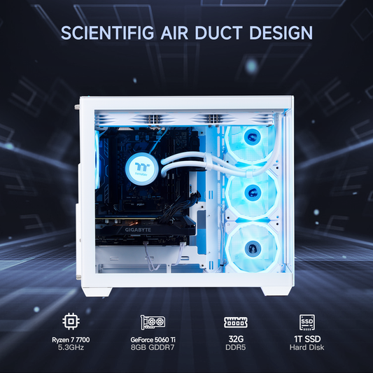 Mloong Gaming PC Desktop, AMD Ryzen 7 7700 3.8 GHz (5.3GHz Turbo), NVIDIA RTX 5060 Ti 8GB GDDR7, 1TB Gen4 NVMe SSD, 32GB 6000Mhz DDR5 RAM, 650W PSU, Wi-Fi, Win 11 Home Prebuilt PC, White