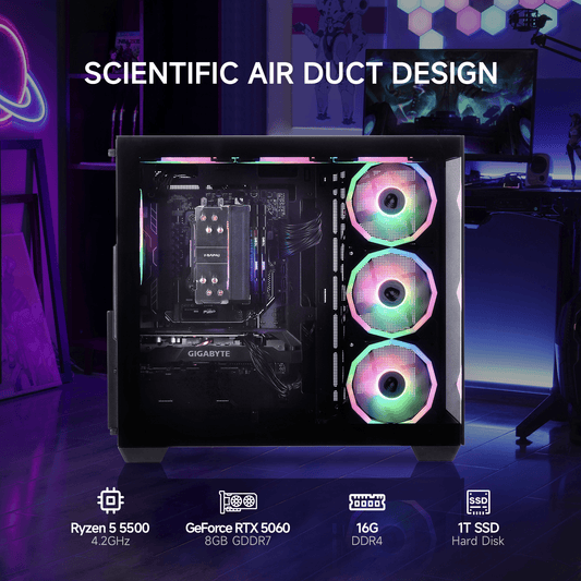 Mloong Black Gaming PC AMD Ryzen 5 5500 (Up to 4.2 GHz) CPU, GeForce RTX 5060 8GB, 1TB NVME SSD, 16GB DDR4 RAM 3200MHz, 650W PSU,7ARGB Fans, Windows 11 Home 64-bit WIFI Gaming Desktop, Black