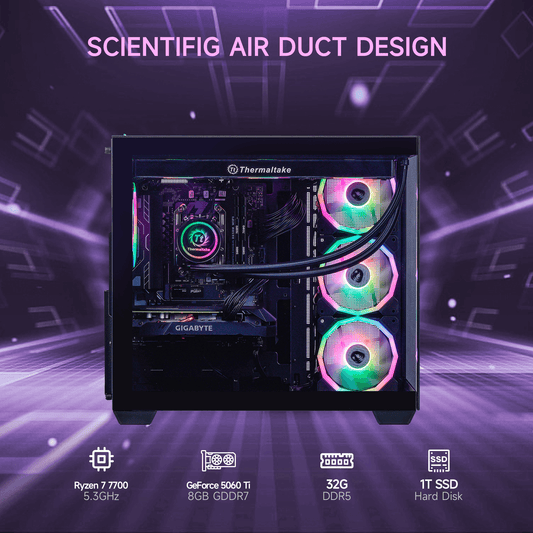 Mloong Gaming PC Desktop, AMD Ryzen 7 7700 3.8 GHz (5.3GHz Turbo), NVIDIA RTX 5060 Ti 8GB GDDR7, 1TB Gen4 NVMe SSD, 32GB 6000Mhz DDR5 RAM, 650W PSU, Wi-Fi, Win 11 Home Prebuilt PC, Black