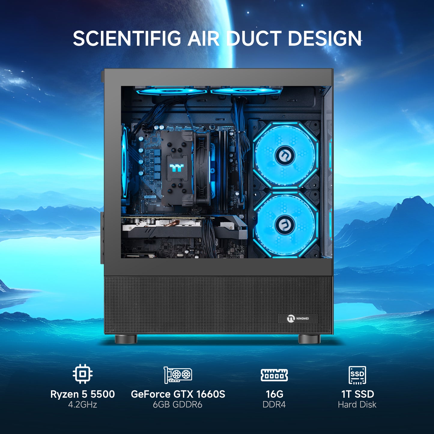 Ningmei Gaming PC Desktop AMD Ryzen 5 5500 NVIDIA GTX 1660 Super 16GB RAM 1TB SSD Windows 11 Wi-Fi PC Gaming Black