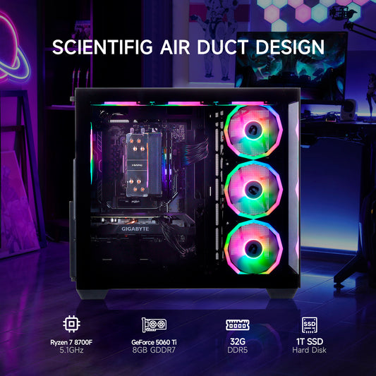 Mloong Gaming PC Desktop, AMD Ryzen 7 8700F 4.1 GHz (5.0Ghz Turbo), NVIDIA RTX 5060 Ti 8GB GDDR7, 1TB Gen4 NVMe SSD, 32GB 6000Mhz DDR5 RAM, 650W PSU, Wi-Fi, Win 11 Home Prebuilt PC, Black