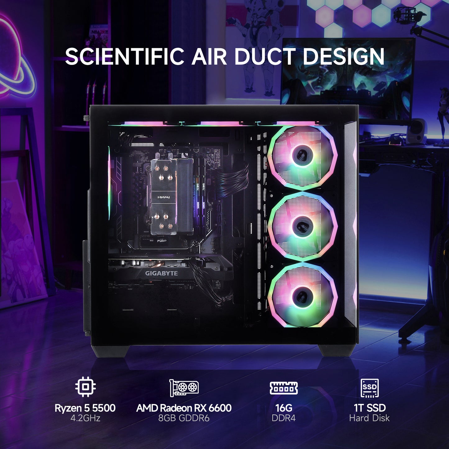 Mloong Gaming PC Desktops AMD Ryzen5 5500 AMD Radeon RX 6600 1TB SSD 16GB RAM 650W Win11 WIFI