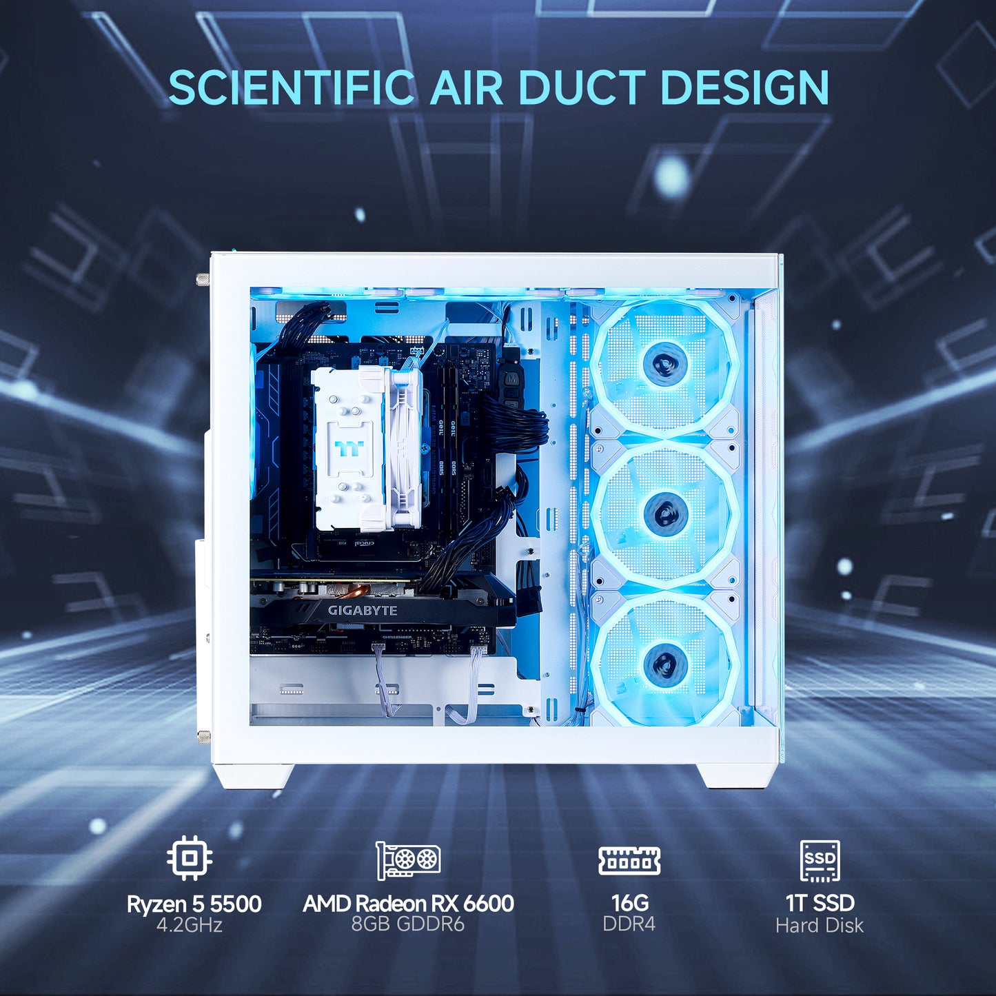 MLOONG Gaming PC,AMD Ryzen 5 5500 4.2 GHz, AMD Radeon RX 6600 8GB Desktop Computer, 1TB NVMe SSD, 16GB DDR4 3200MHz, Air Cooled Prebuilt,650W PSU, Windows 11 Home & AI Powered Gamer PC