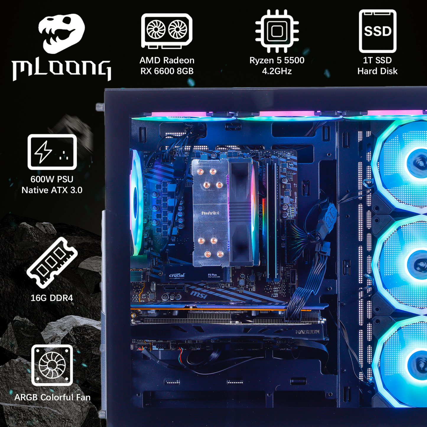 Mloong Gaming PC Desktops AMD Ryzen5 5500 AMD Radeon RX 6600 1TB SSD 16GB RAM 650W Win11 WIFI