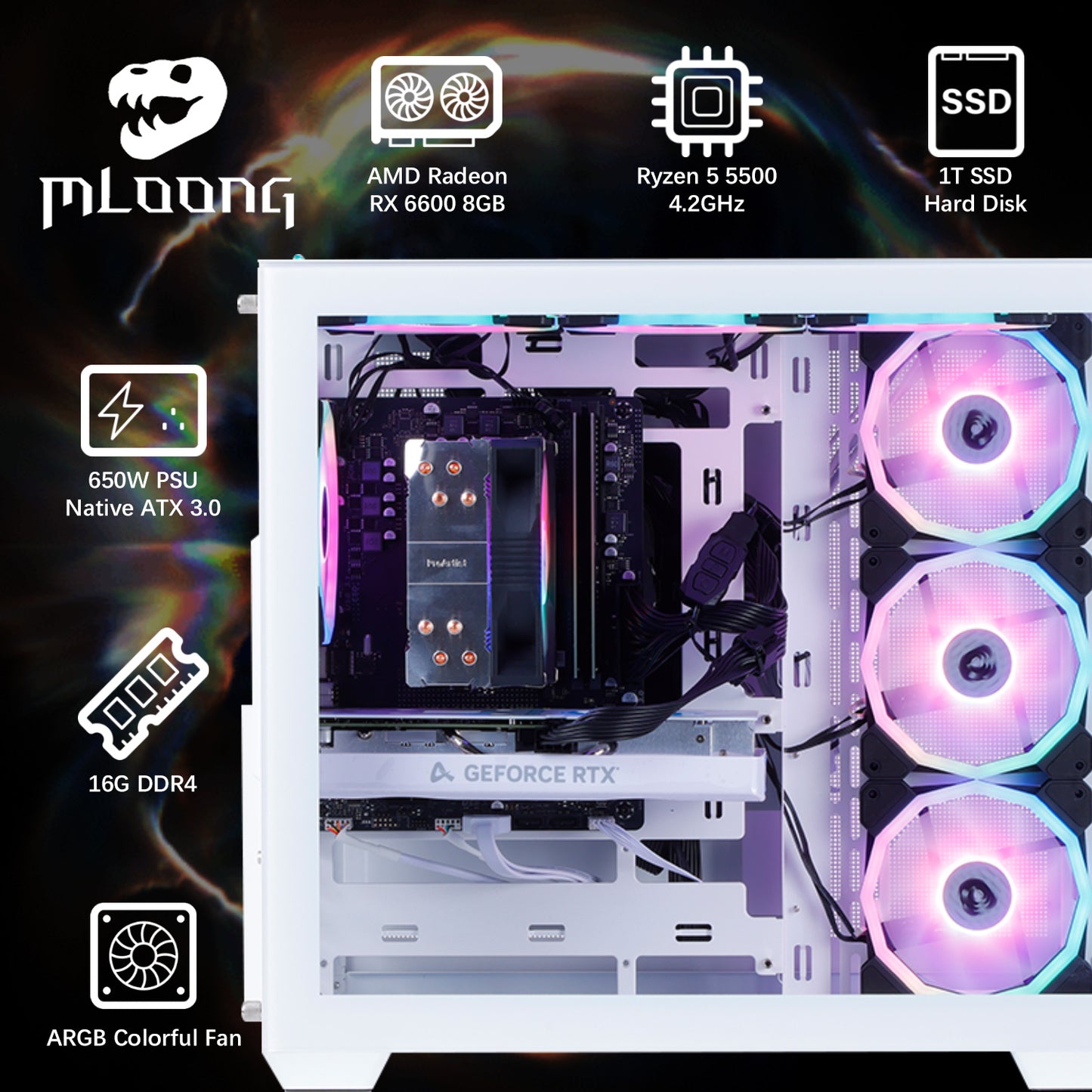 MLOONG Gaming PC,AMD Ryzen 5 5500 4.2 GHz, AMD Radeon RX 6600 8GB Desktop Computer, 1TB NVMe SSD, 16GB DDR4 3200MHz, Air Cooled Prebuilt,650W PSU, Windows 11 Home & AI Powered Gamer PC