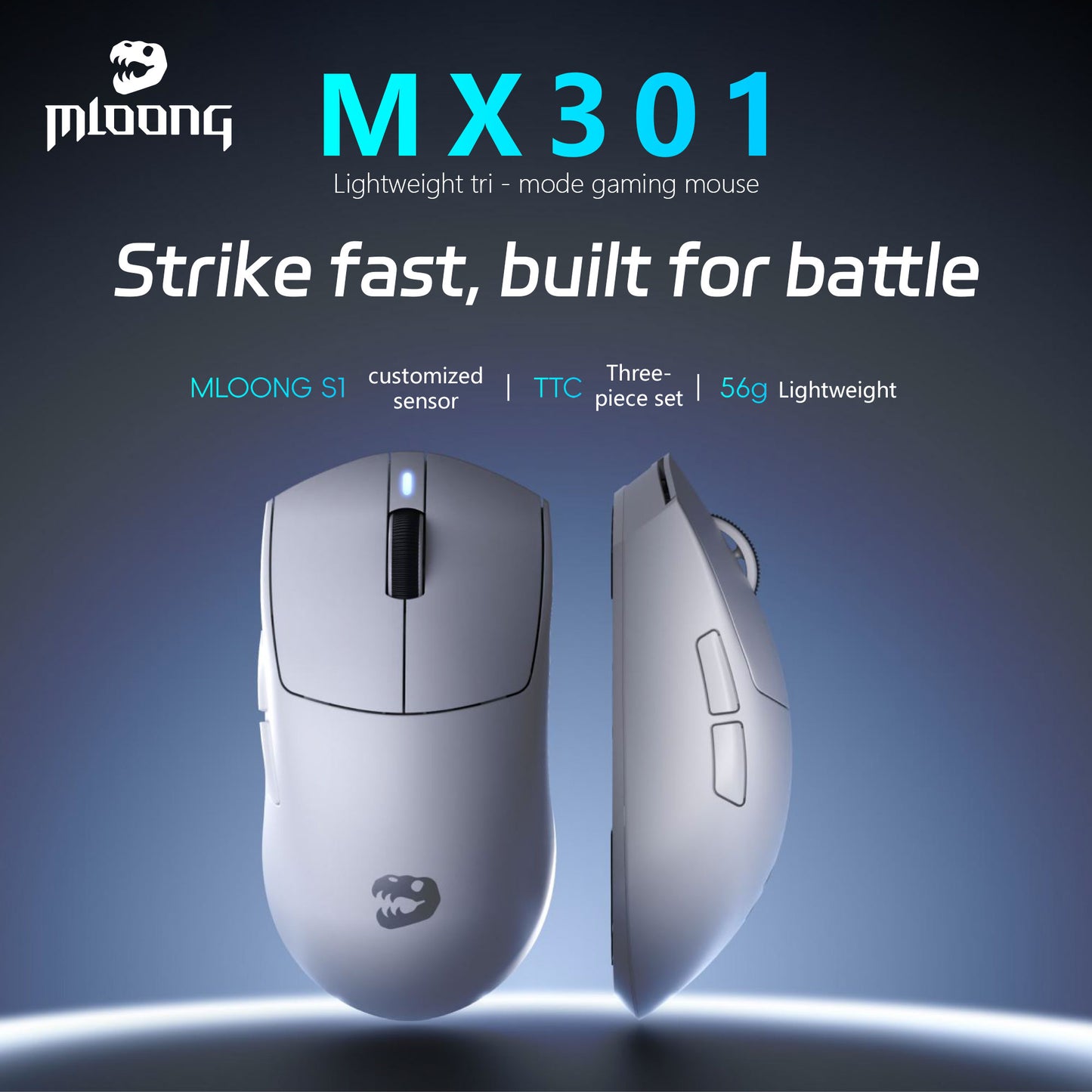 MLOONG MX301 Wireless Gaming Mouse, MLOONG S1 Sensor, 16,000 DPI, Lightweight, 4 Programmable Buttons, 140h Battery Life, On-Board Memory, PC/Mac - White