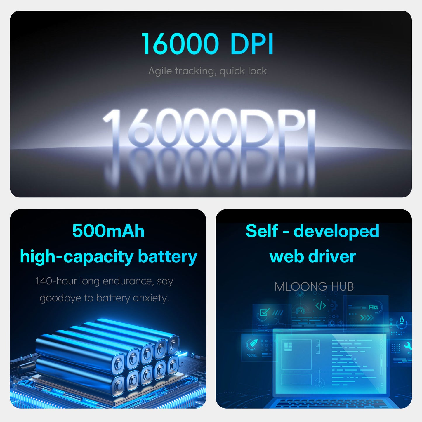 MLOONG MX301 Wireless Gaming Mouse, MLOONG S1 Sensor, 16,000 DPI, Lightweight, 4 Programmable Buttons, 140h Battery Life, On-Board Memory, PC/Mac - White