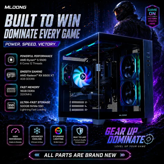 Mloong Gaming PC Desktops AMD Ryzen5 5500, Radeon RX 6500XT 4GB, 500GB SSD, 16GB RAM, 650W, Win11, Wifi, Black