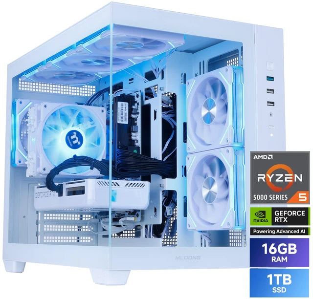 MLOONG REFURBISHED Gaming PC, AMD Ryzen 5 5500 4.2 GHz, GeForce RTX 5060 8GB prebuilt pc, 1TB NVMe SSD, AI Powered 16GB DDR4 3200MHz, Air Cooled Prebuilt, 650W PSU, Windows 11 Home Gamer PC. White