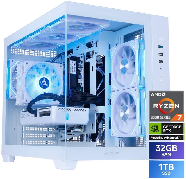 Mloong REFURBISHED Gaming PC Desktop, AMD Ryzen 7 8700F 4.1 GHz, NVIDIA RTX 5060 Ti 8GB GDDR7, 1TB Gen4 NVMe SSD, 32GB 6000Mhz DDR5 RAM, 650W PSU, WiFi & BT, Win 11 Home Prebuilt Gaming PC, White
