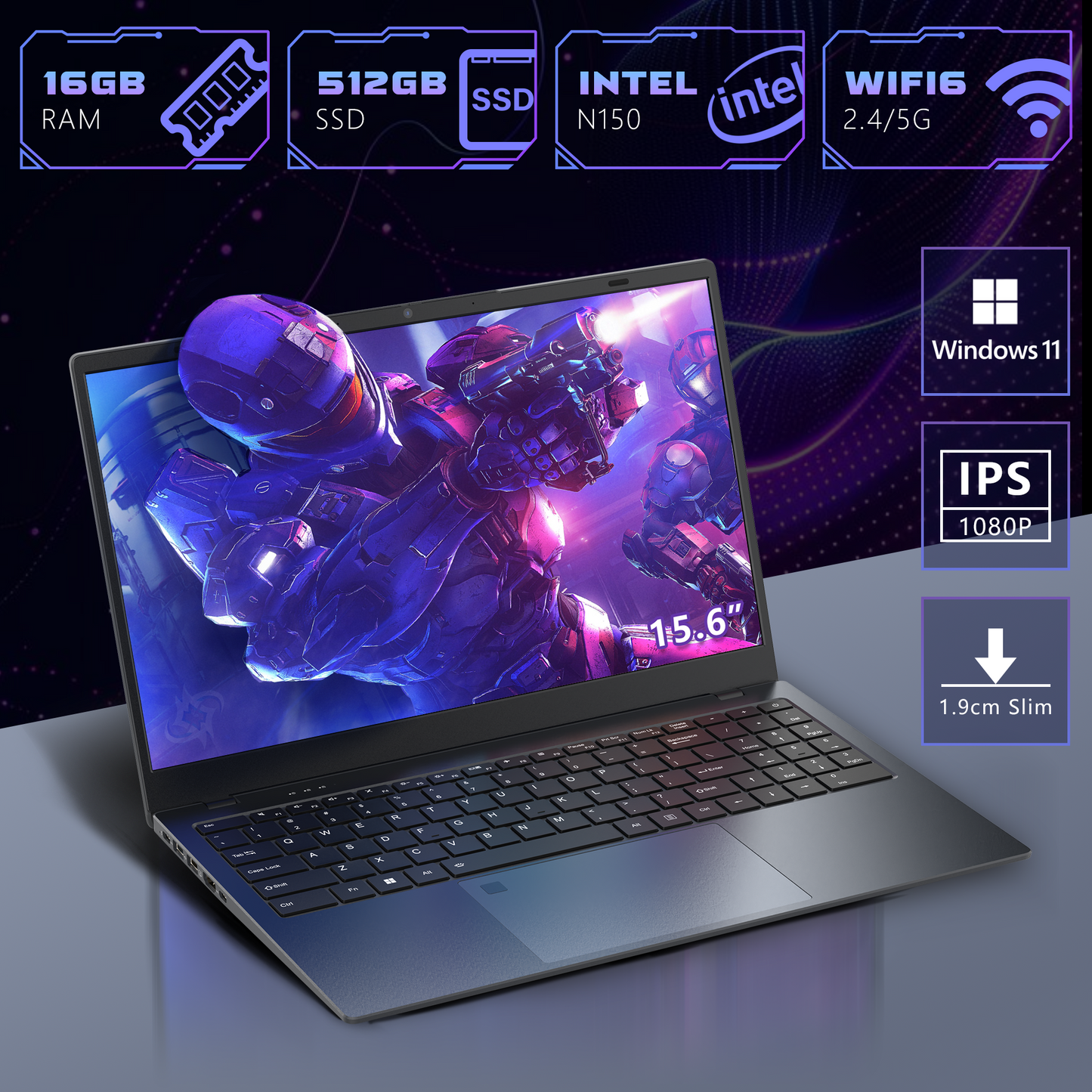 Ningmei HustleForge 15.6 inch Windows Laptop Intel N150 16GB RAM 512GB SSD Wifi6 Bluetooth5.2 1080P FHD IPS Display Fingerprint identification