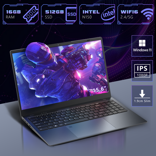 Ningmei HustleForge 15.6 inch Windows Laptop Intel N150 16GB RAM 512GB SSD Wifi6 Bluetooth5.2 1080P FHD IPS Display Fingerprint identification