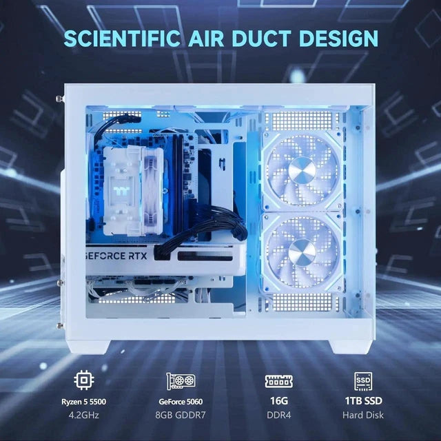 MLOONG REFURBISHED Gaming PC, AMD Ryzen 5 5500 4.2 GHz, GeForce RTX 5060 8GB prebuilt pc, 1TB NVMe SSD, AI Powered 16GB DDR4 3200MHz, Air Cooled Prebuilt, 650W PSU, Windows 11 Home Gamer PC. White