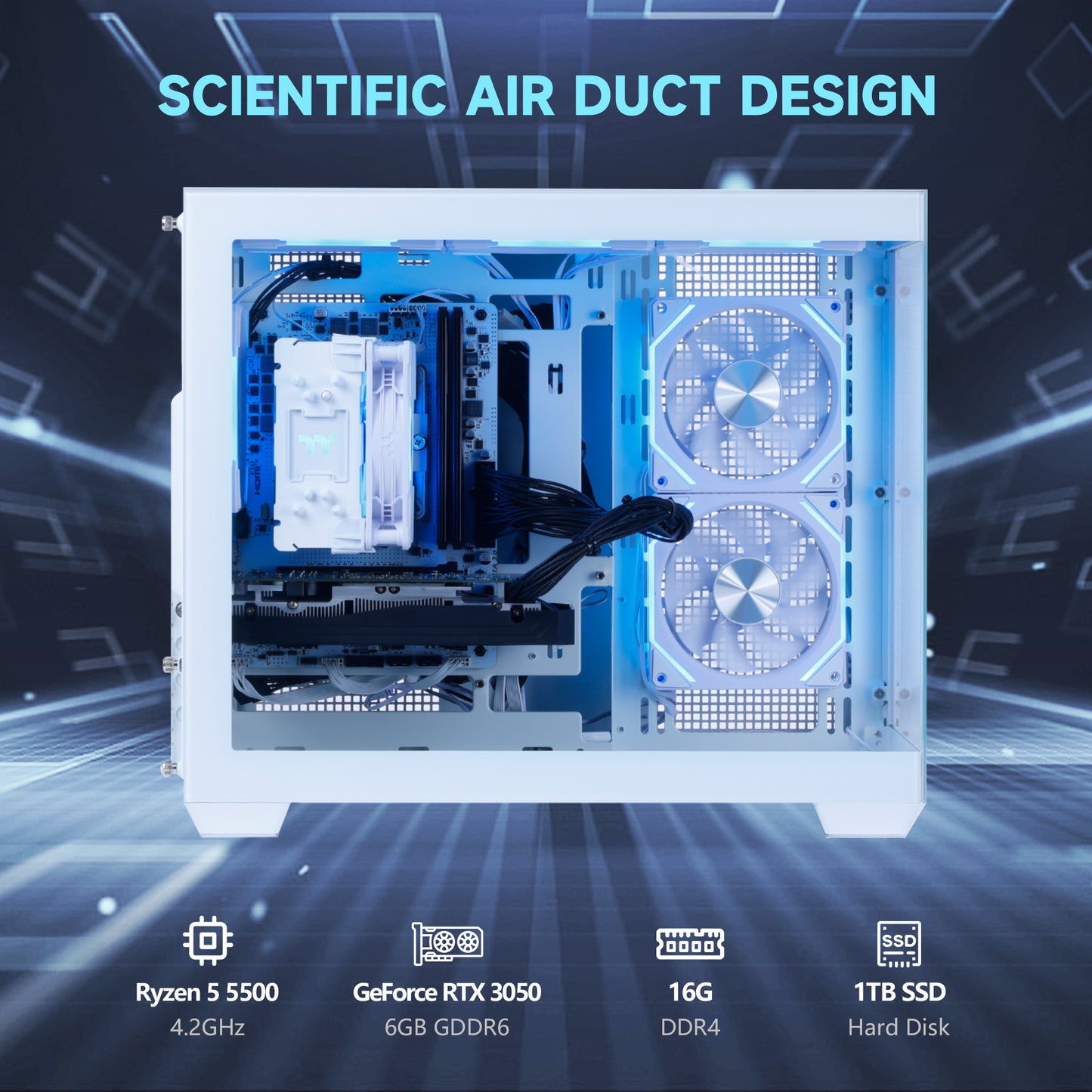 Mloong Gaming PC, AMD Ryzen 5 5500, NVIDIA GeForce RTX 3050 6GB, 16GB RAM, 1TB SSD, 650W PSU, Win11, WIFI, Desktop, White
