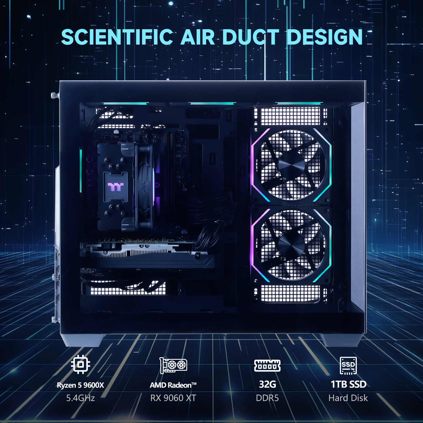 Mloong Gaming PC Desktop, AMD Ryzen 5 9600X 3.9 GHz (5.4Ghz Turbo), Radeon RX 9060 XT 8GB GDDR6, 1TB Gen4 NVMe SSD, 32GB 6000Mhz DDR5 RAM, 650W PSU, Wi-Fi, Win 11 Home Prebuilt PC, Black