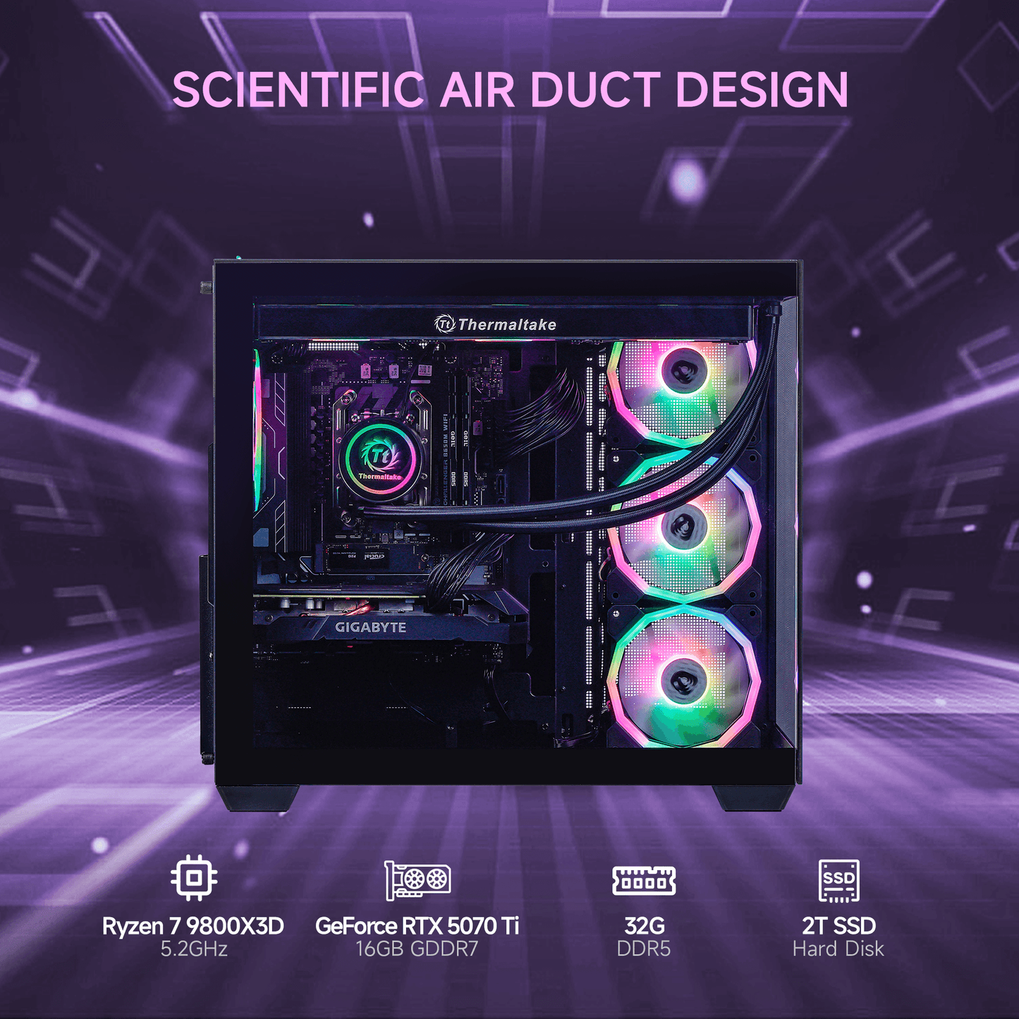 Mloong Gaming PC AMD Ryzen 7 9800X3D, GeForce RTX 5070Ti, 2TB SSD, 32GB DDR5 RAM, 360 Liquid Cooling, Win11, WIFI, Gaming Desktop, Black