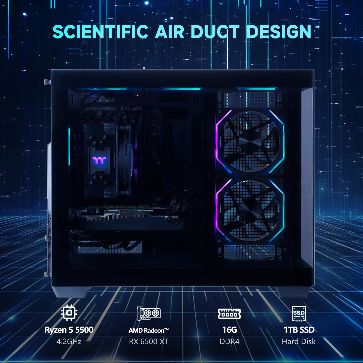 Mloong Gaming PC Desktops AMD Ryzen5 5500, Radeon RX 6500XT 4GB, 1TB SSD, 16GB RAM, 650W, Win11, WiFi, Black