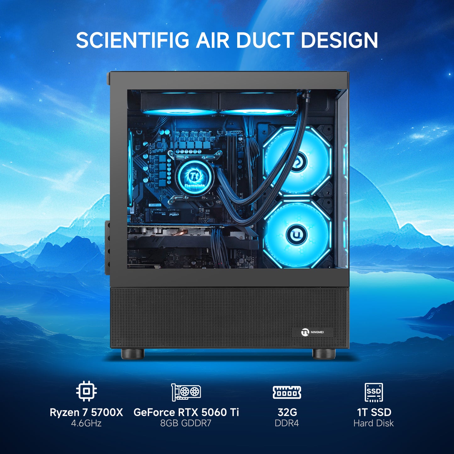 Ningmei Gaming PC AMD Ryzen 7 5700X NVIDIA RTX 5060 Ti 32GB RAM 1TB SSD Wifi PC Gaming Black