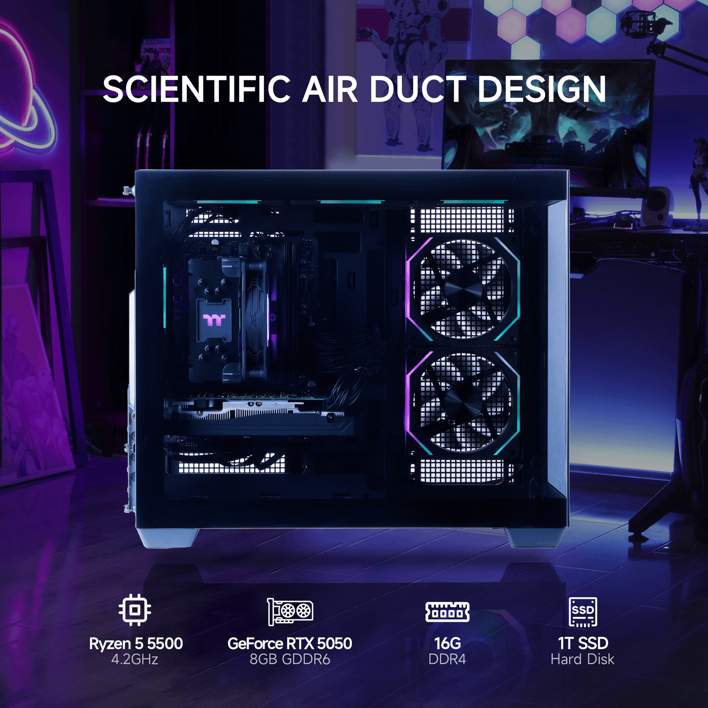 Mloong Gaming PC AMD Ryzen 5 5500 NVIDIA GeForce RTX 5050 16GB RAM 1TB SSD 650W Win11 WIFI Desktop Black