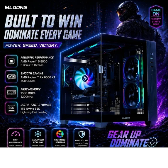 Mloong Gaming PC Desktops AMD Ryzen5 5500, Radeon RX 6500XT 4GB, 1TB SSD, 16GB RAM, 650W, Win11, Wifi, PC Gaming