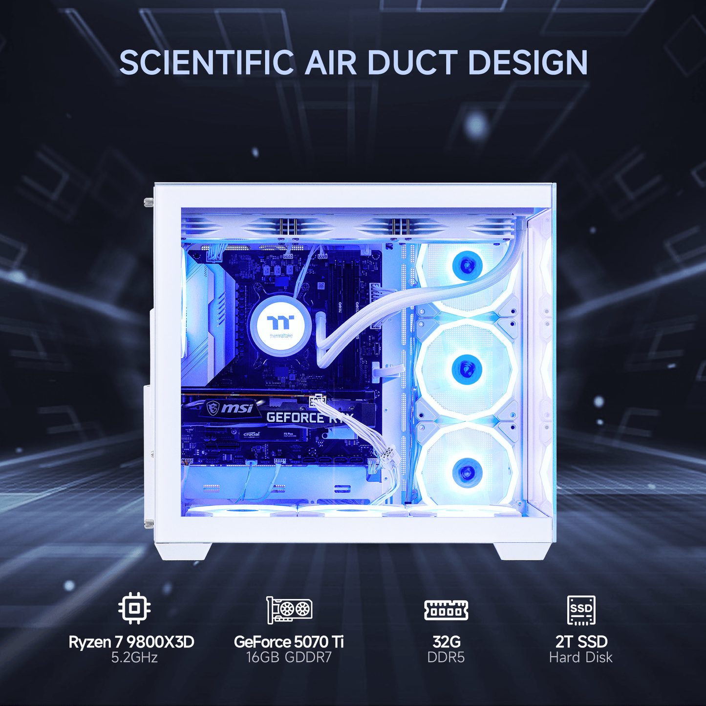 Mloong Gaming PC AMD Ryzen 7 9800X3D, GeForce RTX 5070Ti, 2TB SSD, 32GB DDR5 RAM, 360 Liquid Cooling, Win11, WIFI, Gaming Desktop, White