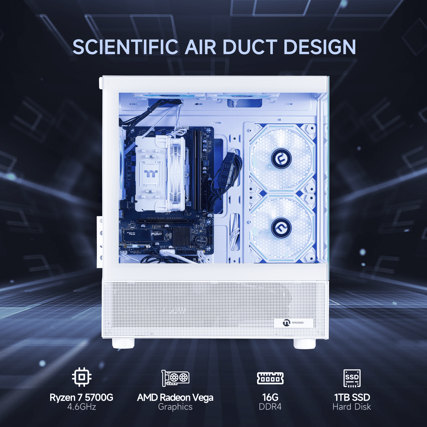 Ningmei Gaming PC AMD Ryzen 7 5700G 16GB RAM 1TB SSD 6RGB Fans PC Gaming White