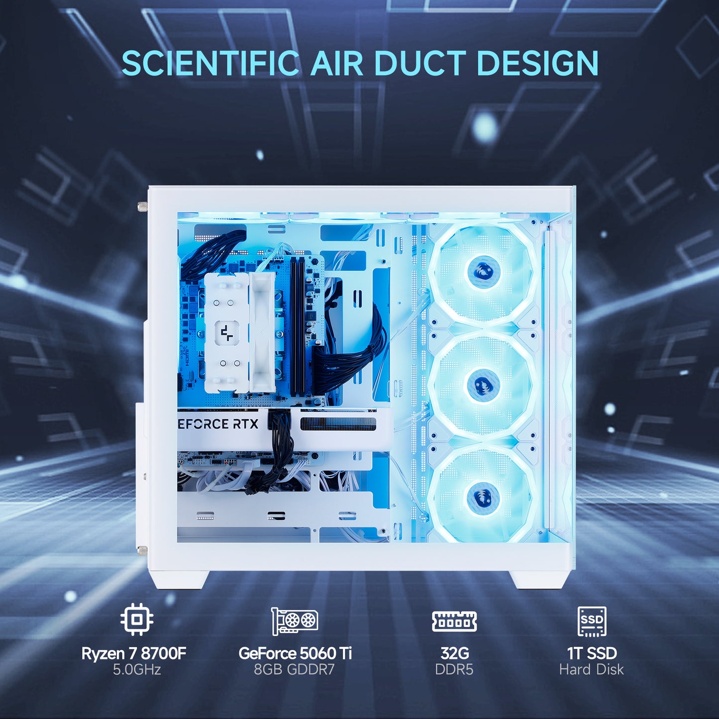 Mloong Gaming PC Desktop, AMD Ryzen 7 8700F 4.1 GHz (5.0Ghz Turbo), NVIDIA RTX 5060 Ti 8GB GDDR7, 1TB Gen4 NVMe SSD, 32GB 6000Mhz DDR5 RAM, 650W PSU, Wi-Fi, Win 11 Home Prebuilt PC, White