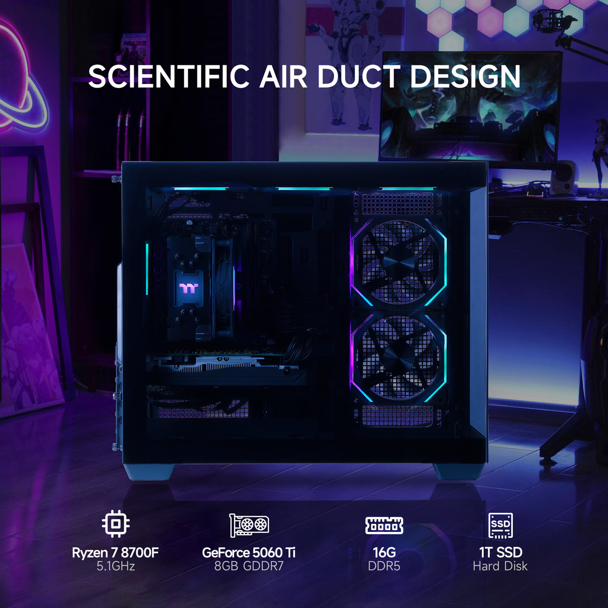 Mloong Gaming PC Desktop, AMD Ryzen 7 8700F 4.1 GHz (5.0Ghz Turbo), NVIDIA RTX 5060 Ti 8GB GDDR7, 1TB Gen4 NVMe SSD, 16GB 6000Mhz DDR5 RAM, 650W PSU, Wi-Fi, Win 11 Home Prebuilt PC, Black