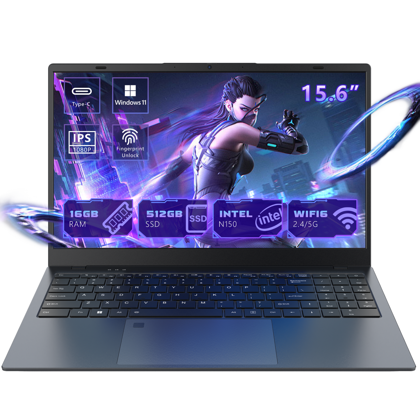 Ningmei HustleForge 15.6 inch Windows Laptop Intel N150 16GB RAM 512GB SSD Wifi6 Bluetooth5.2 1080P FHD IPS Display Fingerprint identification