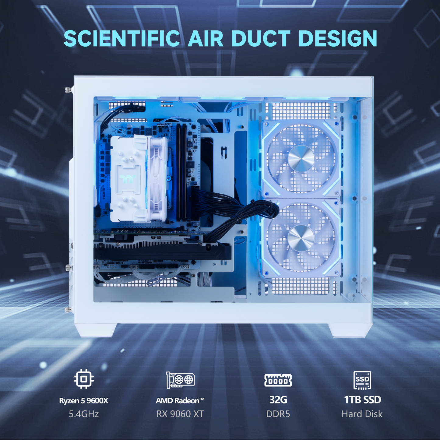 Mloong Gaming PC Desktop, AMD Ryzen 5 9600X 3.9 GHz (5.4Ghz Turbo), Radeon RX 9060 XT 8GB GDDR6, 1TB Gen4 NVMe SSD, 32GB 6000Mhz DDR5 RAM, 650W PSU, Wi-Fi, Win 11 Home Prebuilt PC, White