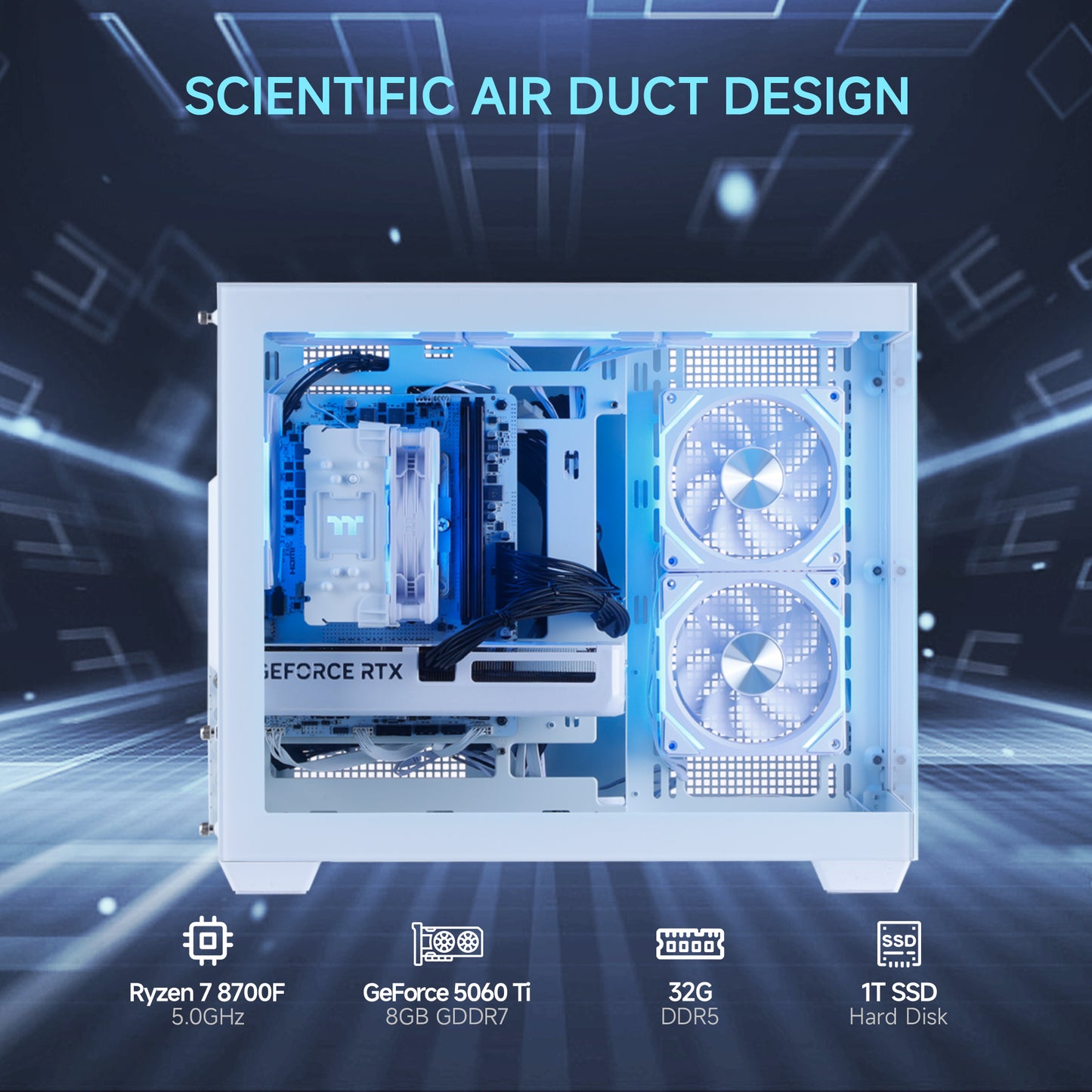 MLOONG Gaming PC Desktop, AMD Ryzen 7 8700F, GeForce RTX 5060Ti 8GB, 32GB DDR5 RAM, 1TB NVME SSD, 650W PSU, Windows 11 Home 64-bit, WIFI, White