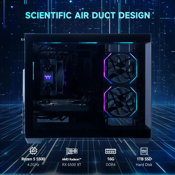 Mloong Gaming PC Desktops AMD Ryzen5 5500, Radeon RX 6500XT 4GB, 1TB SSD, 16GB RAM, 650W, Win11, Wifi, PC Gaming